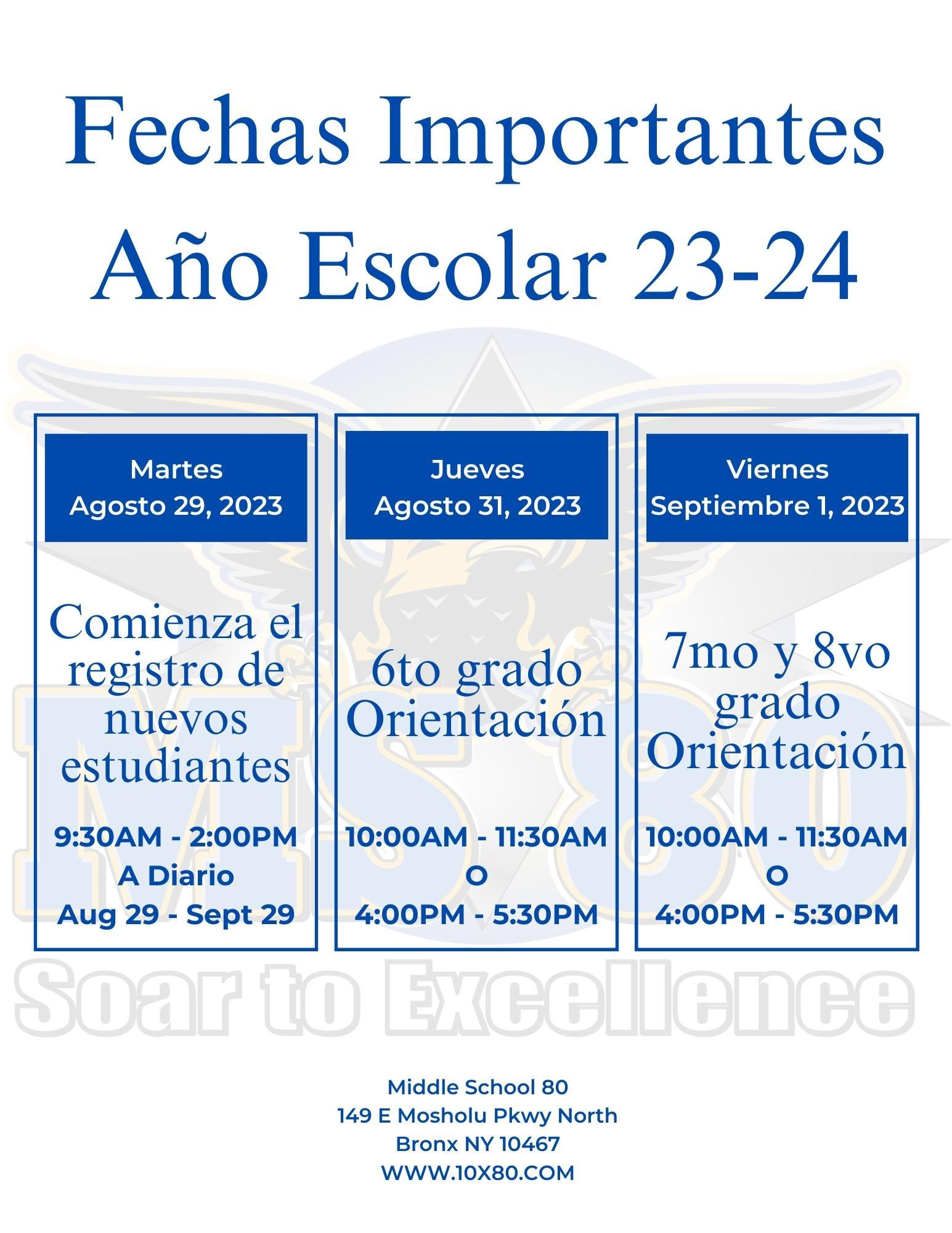 Important Dates flyer spanish